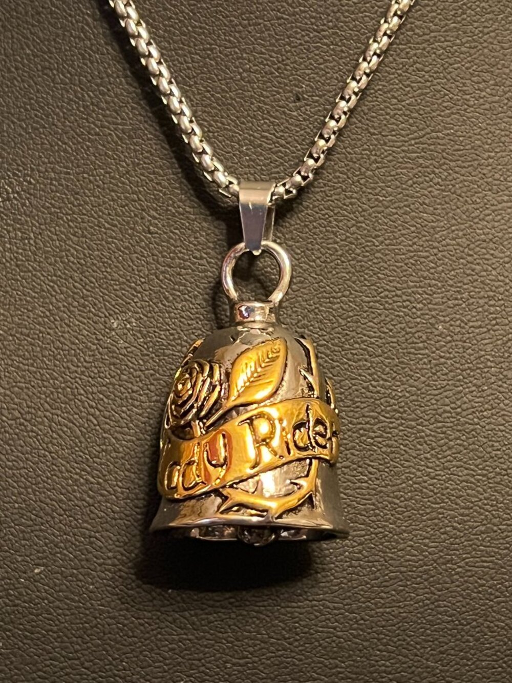 2-Tone Lady Rider Motorcycle Guardian Bell Pendant Necklace (178)